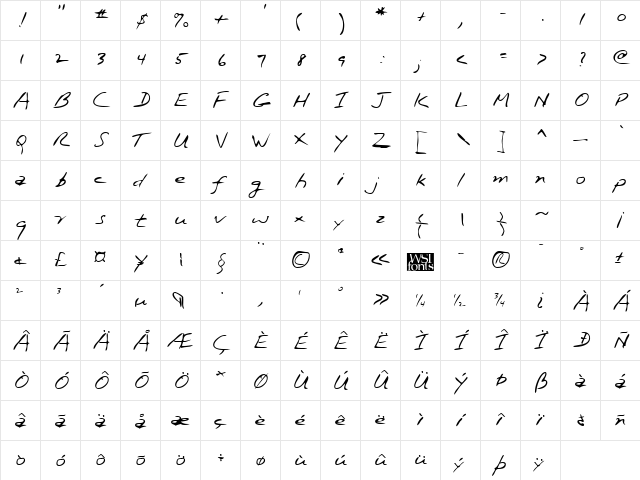 KennethsHand Regular  glyph index