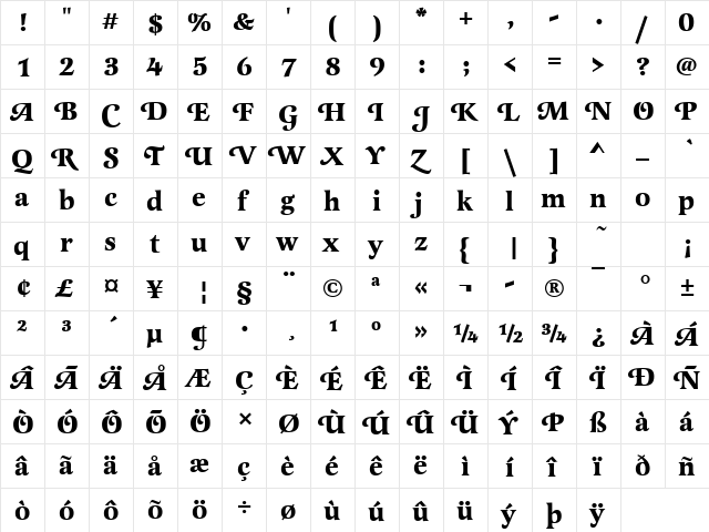 LatienneSwaT Bold  glyph index