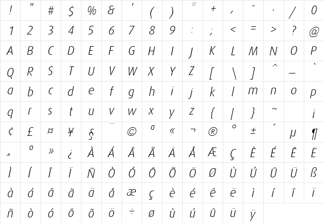 Dax-LightItalic Regular  glyph index
