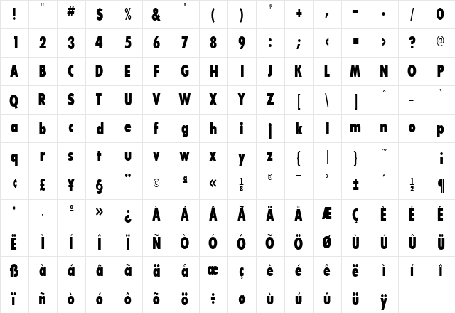 BouganBlackCondSSK Bold  glyph index