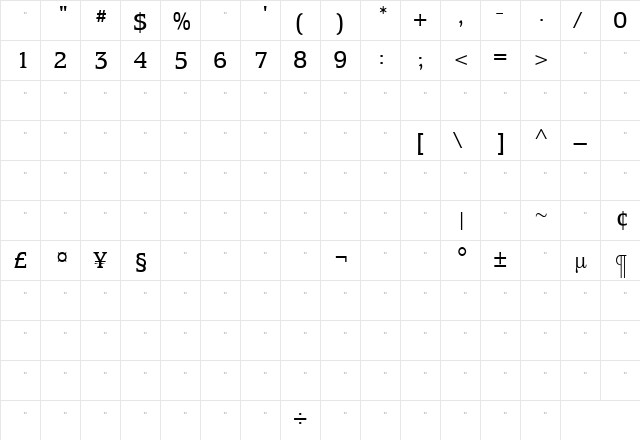 EquestrienneBookTab Roman  glyph index