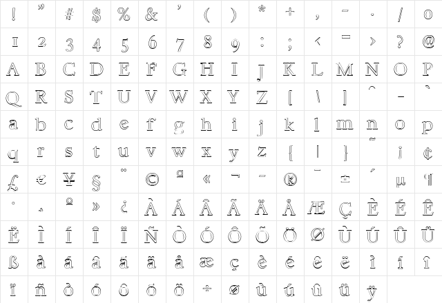 WilliamBeckerOutline-ExLight Regular  glyph index