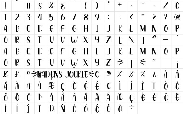 Radens Jockie Regular  glyph index