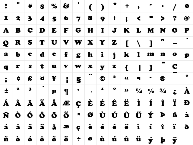 Copper Black Regular  glyph index