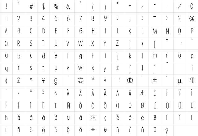 LimerickCond-Serial-ExtraLight Regular  glyph index