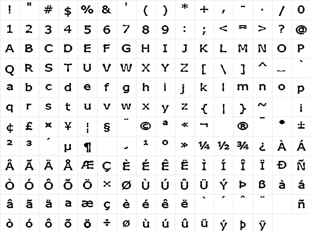 Boneribbon Bold Regular  glyph index