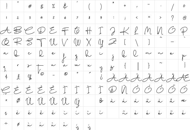 Aline Signature Regular  glyph index