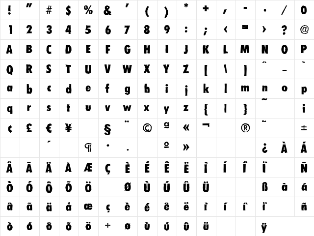 LimerickCdAntique-Xbold Regular  glyph index