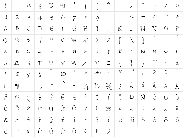Invasion LT Regular  glyph index