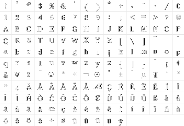 Cheltenham OutlineShadow  glyph index