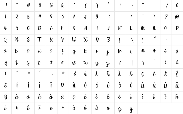 brillia Free Demo Regular  glyph index