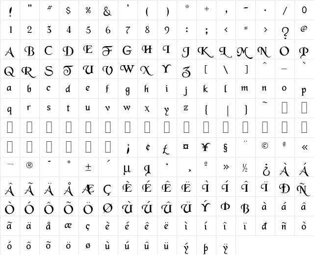 BD Merced Regular  glyph index