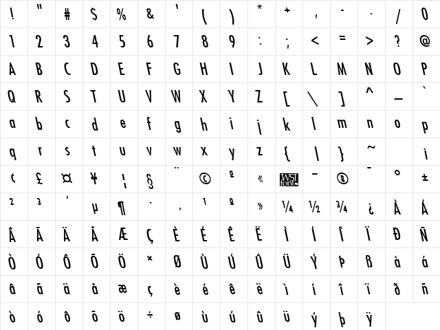 FuturistLeftyCondensed Regular  glyph index