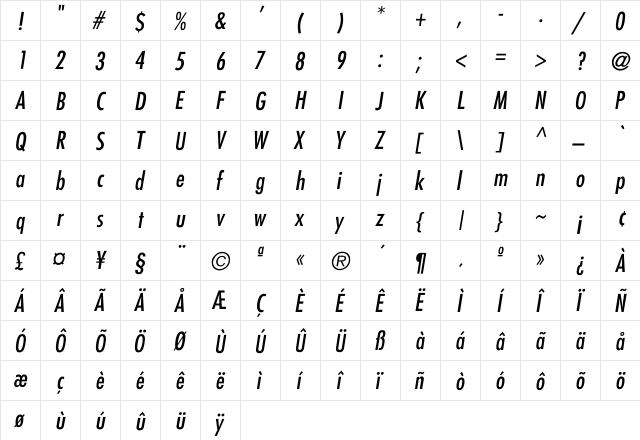 Fairmont-Cond-Italic Regular  glyph index