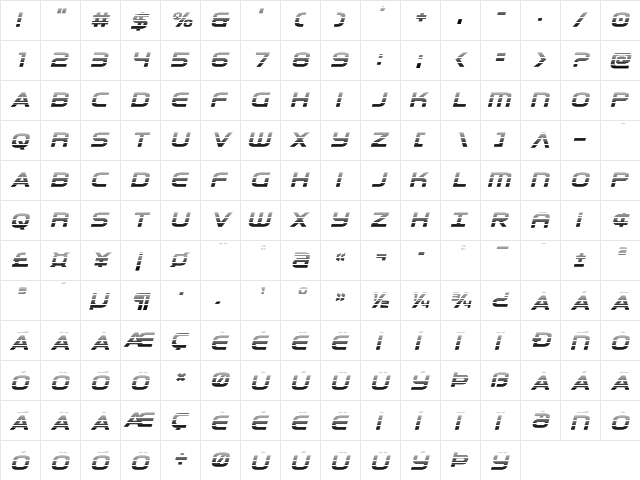 Omega Flight Gradient Italic Regular  glyph index