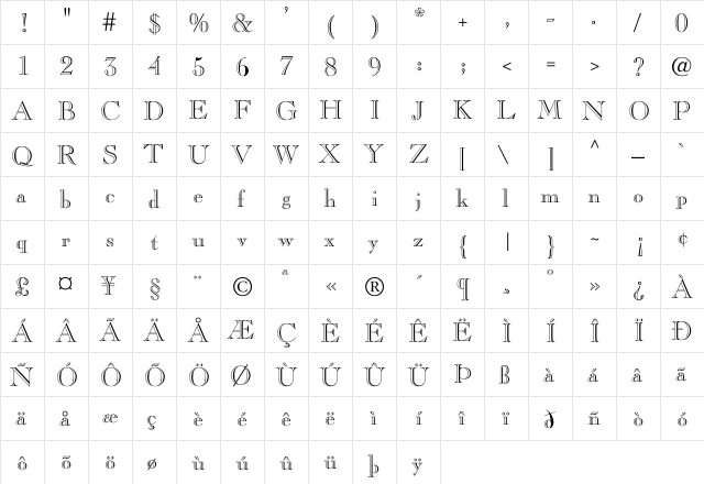 CaslonOpenFace Regular  glyph index