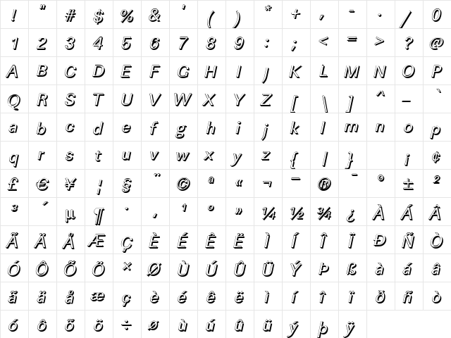 LinearSh Italic  glyph index