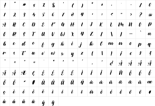 Meylani Regular  glyph index