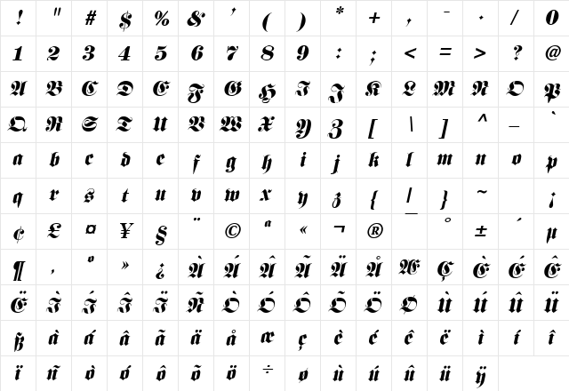 Frank Italic  glyph index