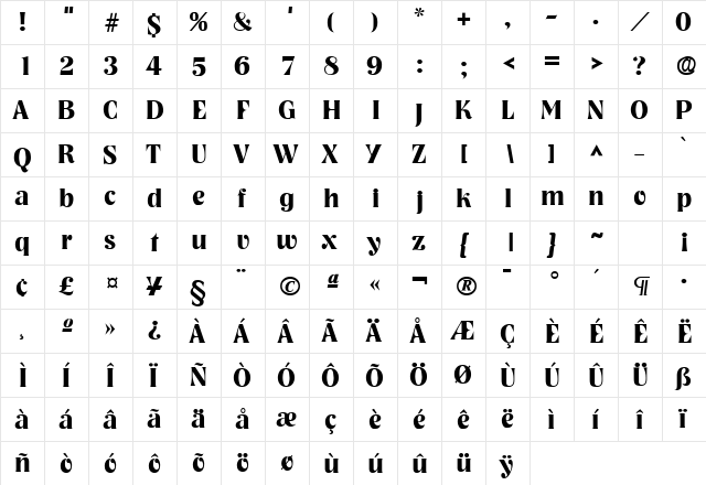 Tennessee SF Bold  glyph index