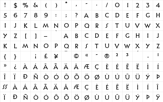 Ashley Crawford MT Light Regular  glyph index