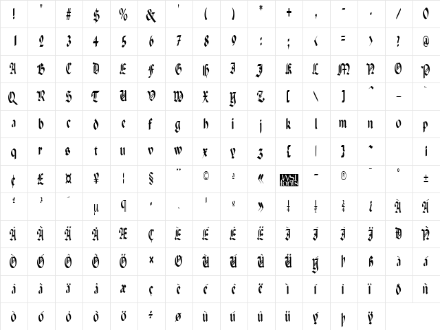 PenchantNarrow Regular  glyph index