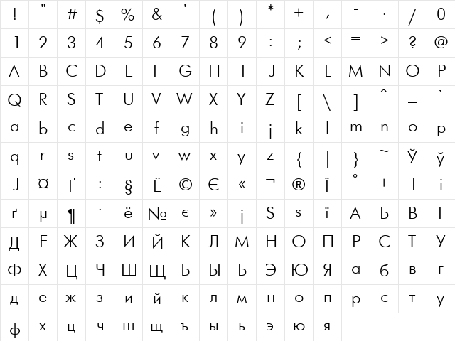 UkrainianFuturis Regular  glyph index