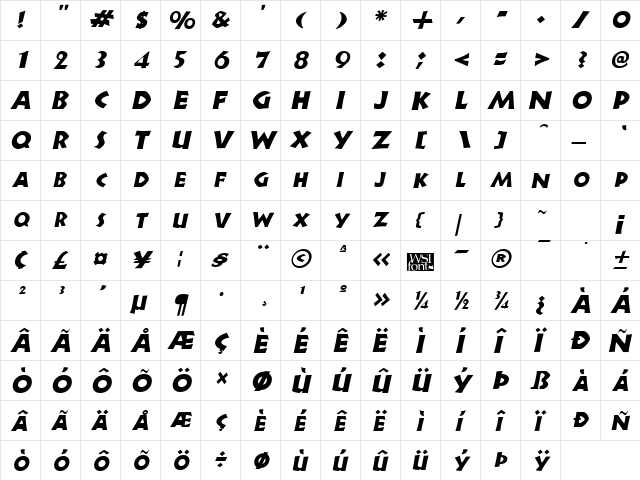 Newell Italic  glyph index