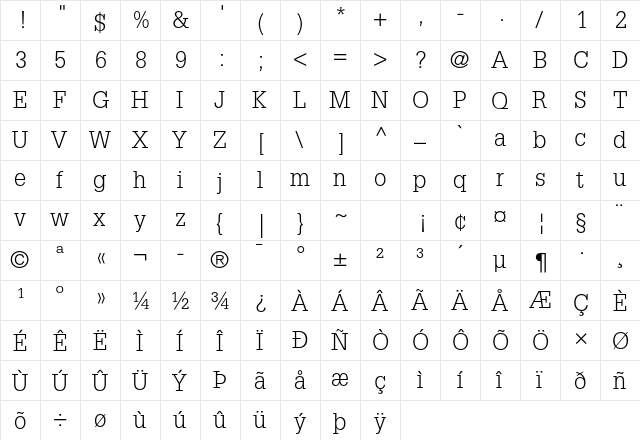 Glypha LT Std 45 Light  glyph index