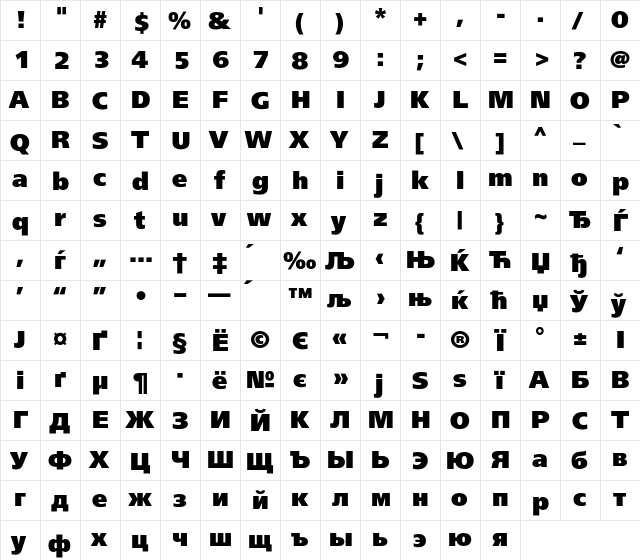 FreeSetBlackC Regular  glyph index