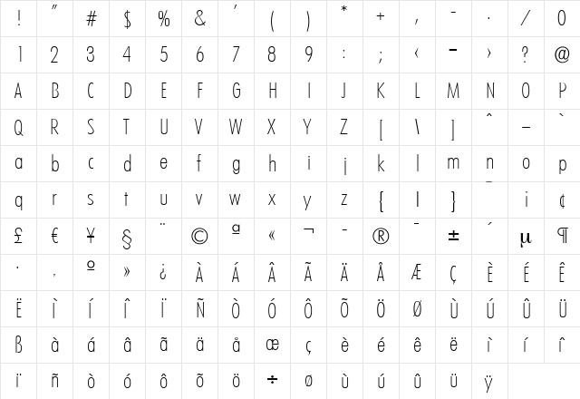 PeterBeckerCond-ExtraLight Regular  glyph index