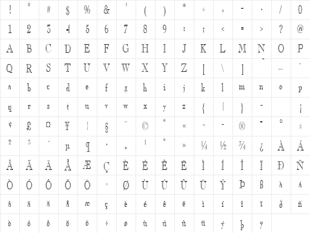 GravureCondensed Regular  glyph index