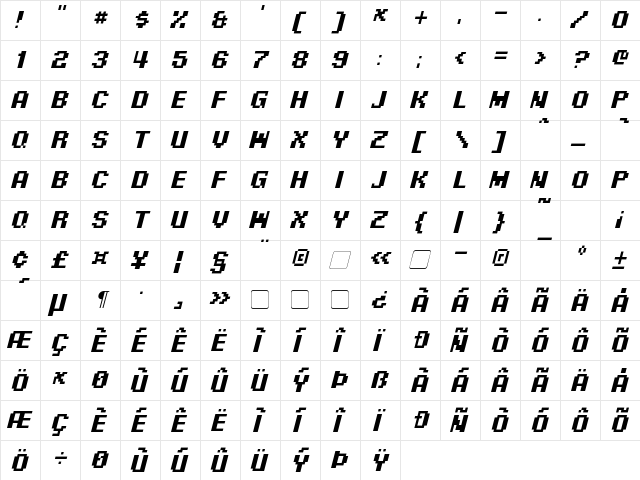 Pixel Digivolve Italic  glyph index