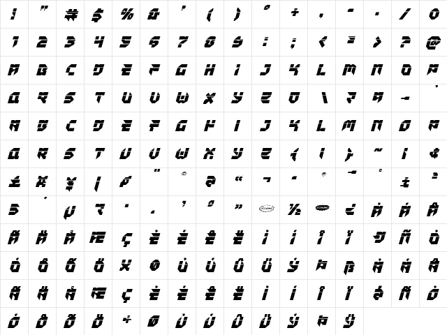 Tokyo Drifter Laser Italic Italic  glyph index