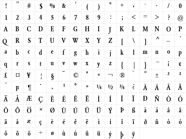 Garamond BE Bold  glyph index