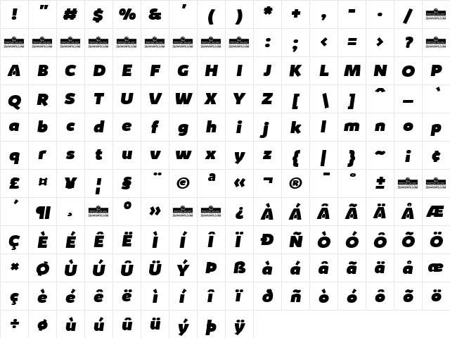 Kabrio Heavy Italic  glyph index