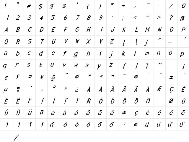 Monotony Italic  glyph index