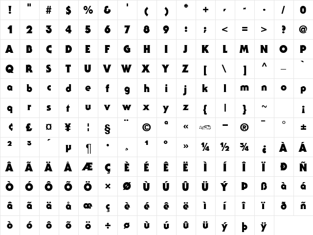 Staid Gothic Black Regular  glyph index