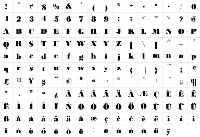 BodoniNo1EF Black  glyph index