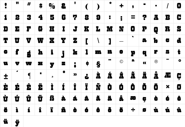 Barnum Block CG Regular  glyph index