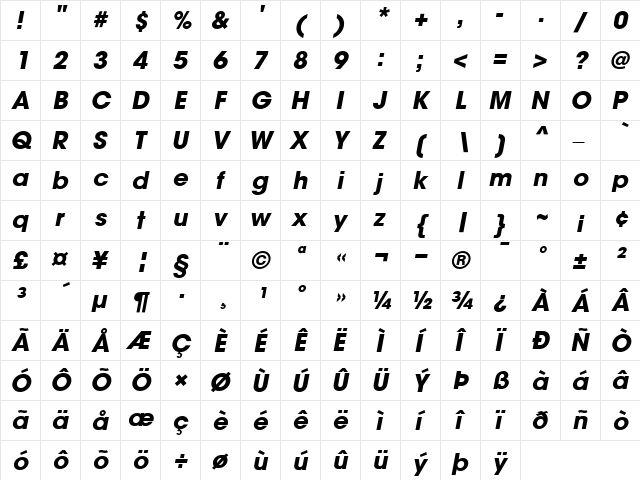 ITCAvantGardeGothic BoldItalic  glyph index