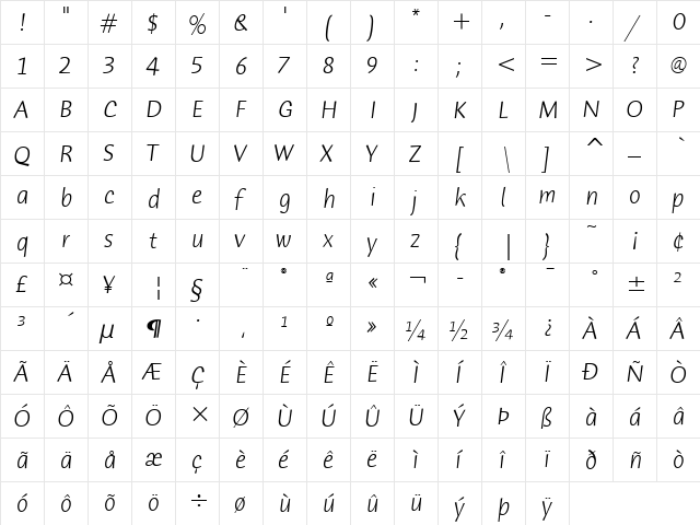 Humana Sans ITC Light Italic  glyph index
