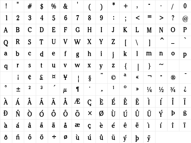 Chelsey-Condensed Bold  glyph index