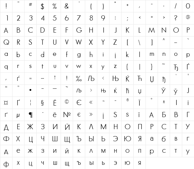 GlasnostLightFWF Regular  glyph index