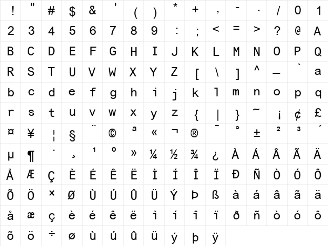 Arial Monospaced MT Regular  glyph index