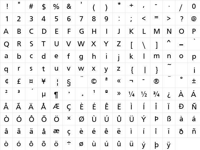 FrontPage Regular  glyph index