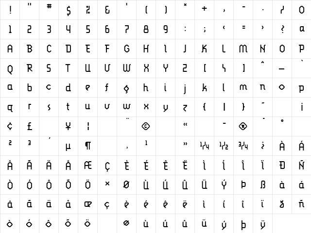 LunatixLight Regular  glyph index