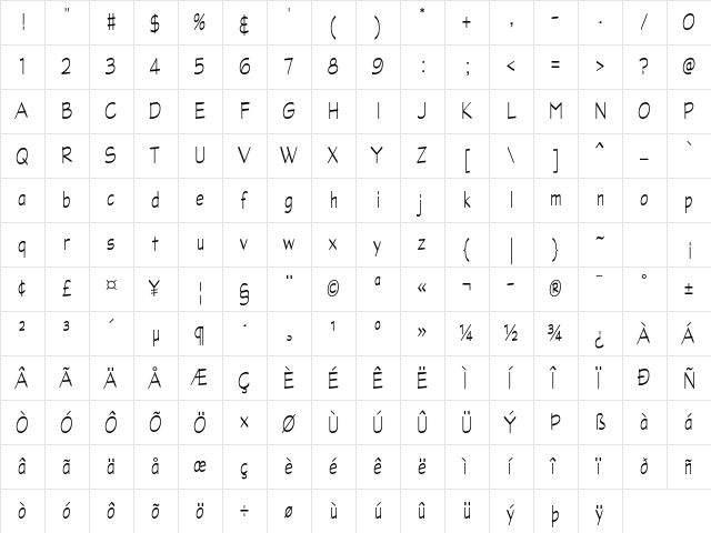 Graphite Std Light Narrow  glyph index