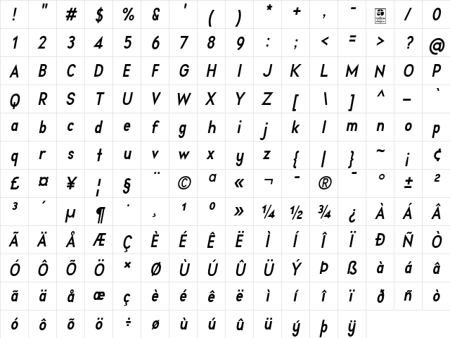 Aprikas Bold Italic Demo Regular  glyph index