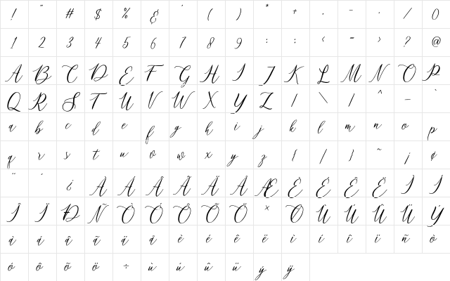 matania script Regular  glyph index